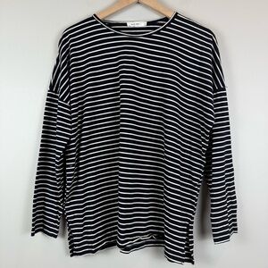 Mod Ref Top Women Sz M navy White Striped‎ Linen Blend Long Sleeve Casual Basic